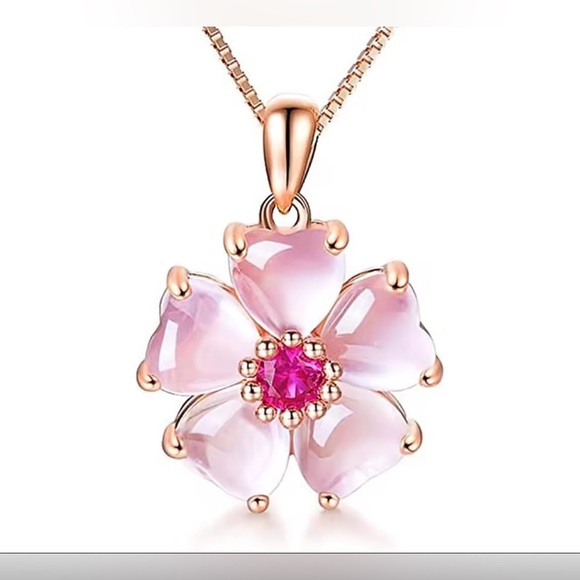 18K Gold Japanese Cherry Blossom Sakura Gemstone Pendant Necklace Bohemian - Picture 10 of 12